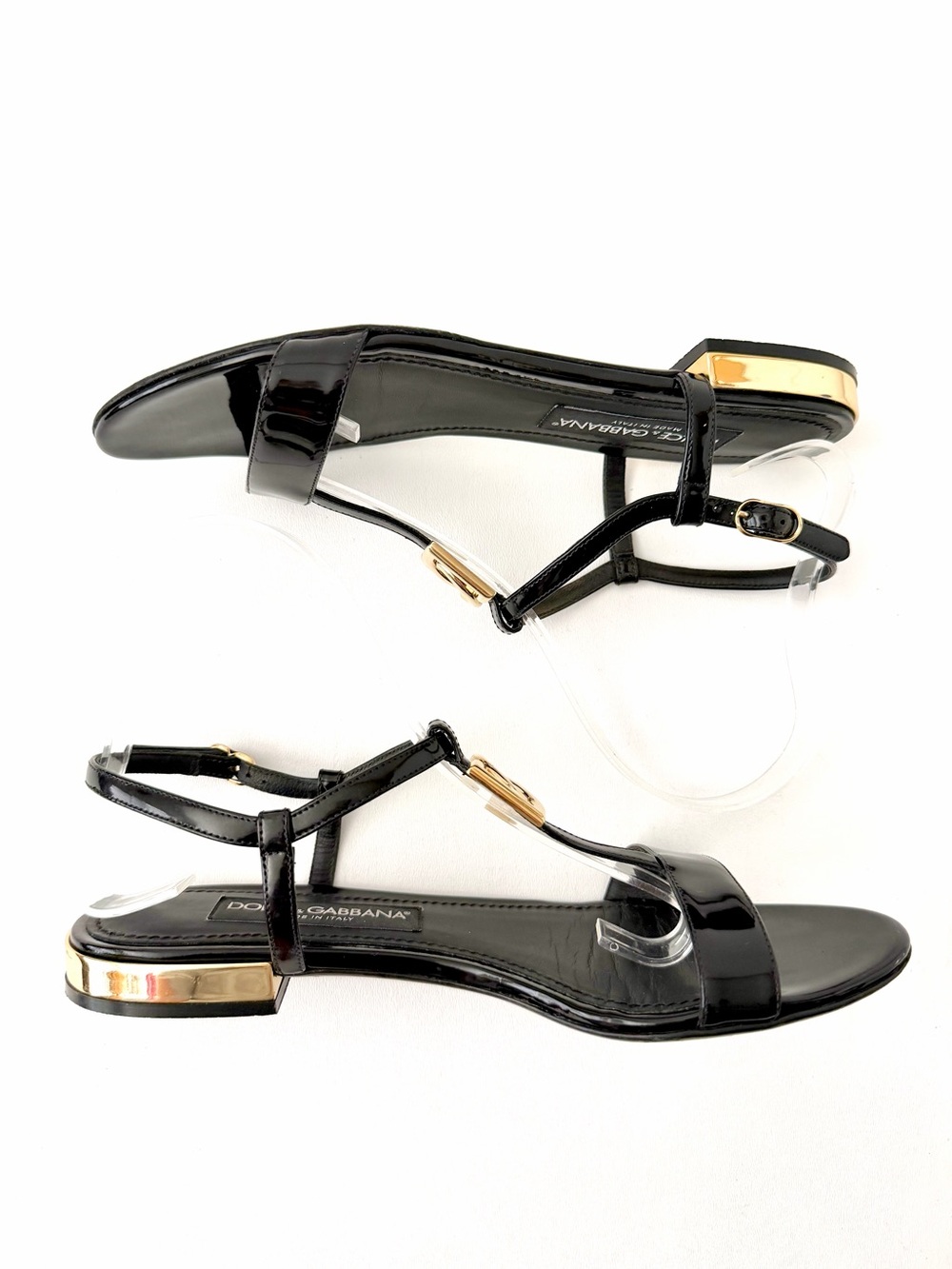 DOLCE & GABBANA | Black Patent DG Gold Logo Flat Sandals Ankle Strap EU 38.5 - Picture 10 of 13